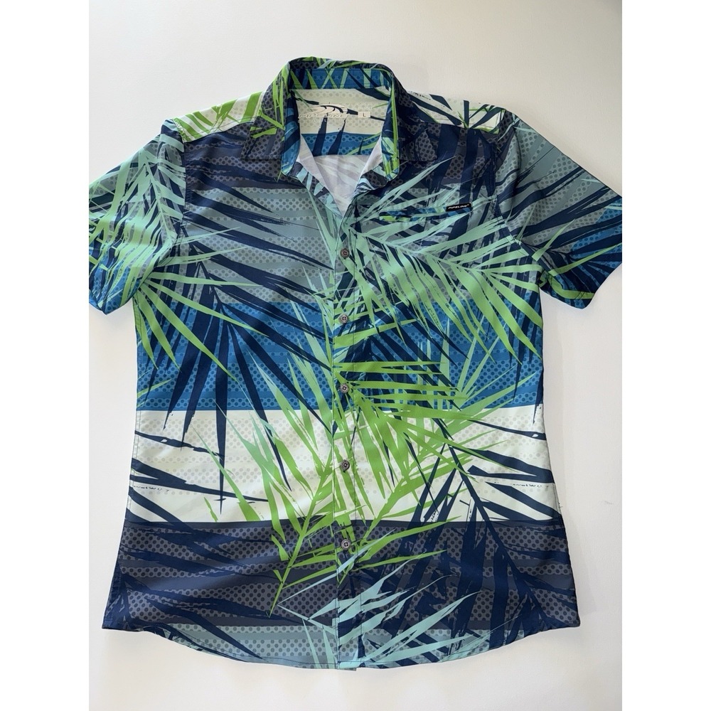 Pipeline Men's Beach Tropical Palm Leaf‎ Stretch Button-Up Shirt Blue Green Sz L